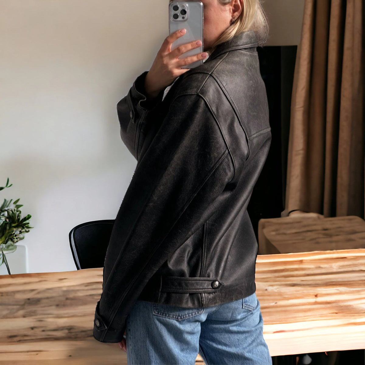 90's Womens Vintage Oversized Straight Jacket, ladies leather jacket, ladies biker jacket, bomber jacket, valentines day gift, Side View 2, BLack , Women