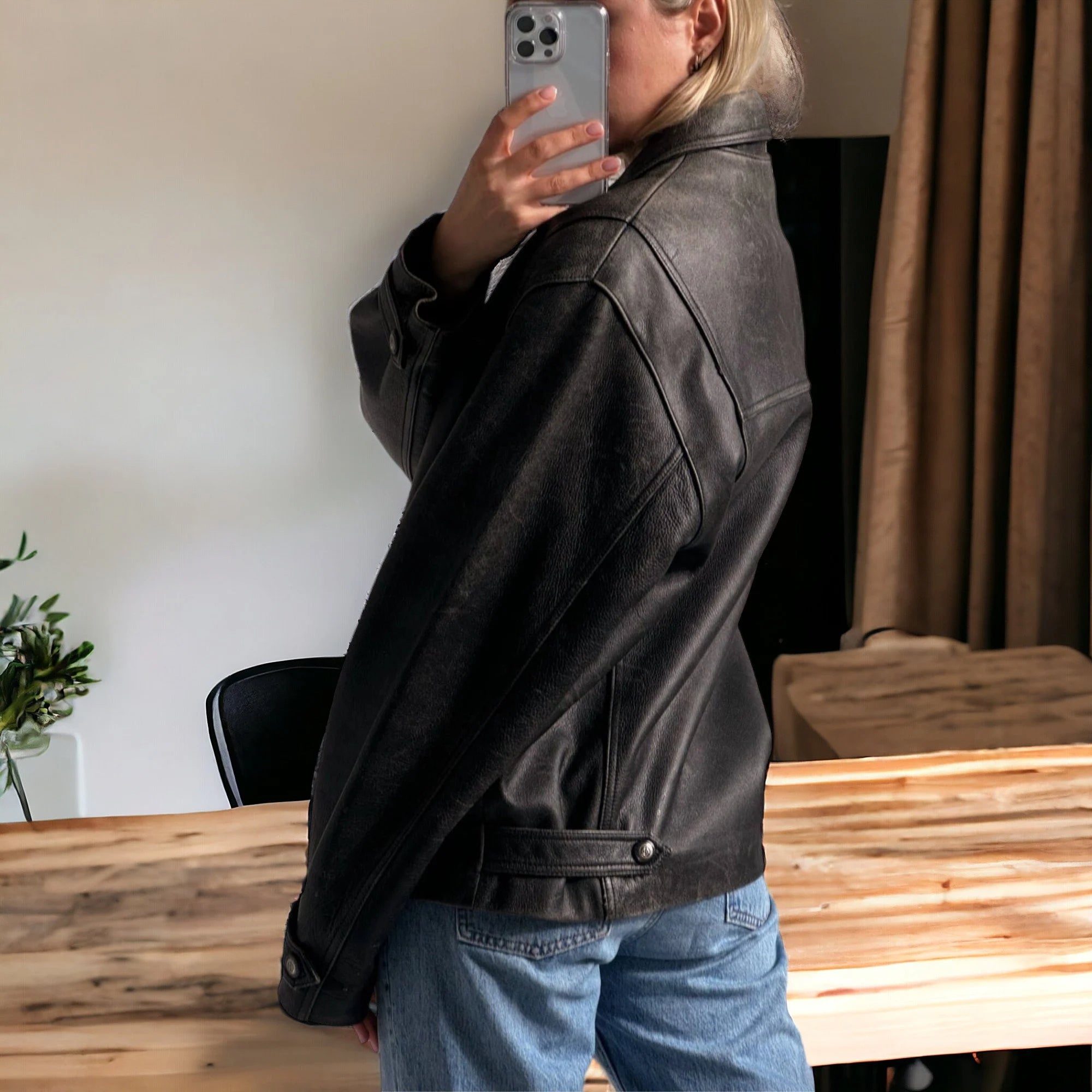 90's Womens Vintage Oversized Straight Jacket, ladies leather jacket, ladies biker jacket, bomber jacket, valentines day gift, Side View 2, BLack , Women