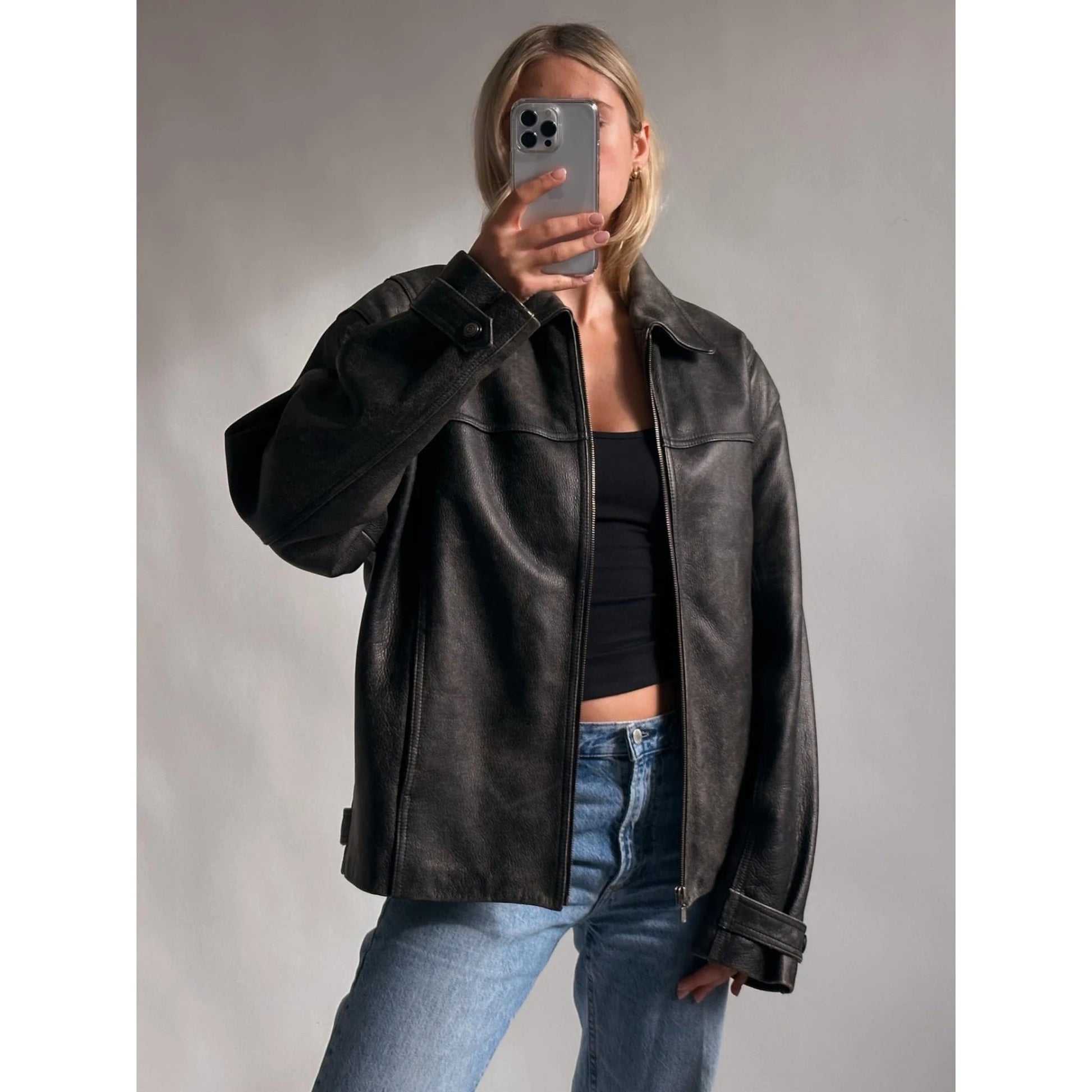 90's Womens Vintage Oversized Straight Jacket, ladies leather jacket, ladies biker jacket, bomber jacket, valentines day gift, Front View 2, Black , Women