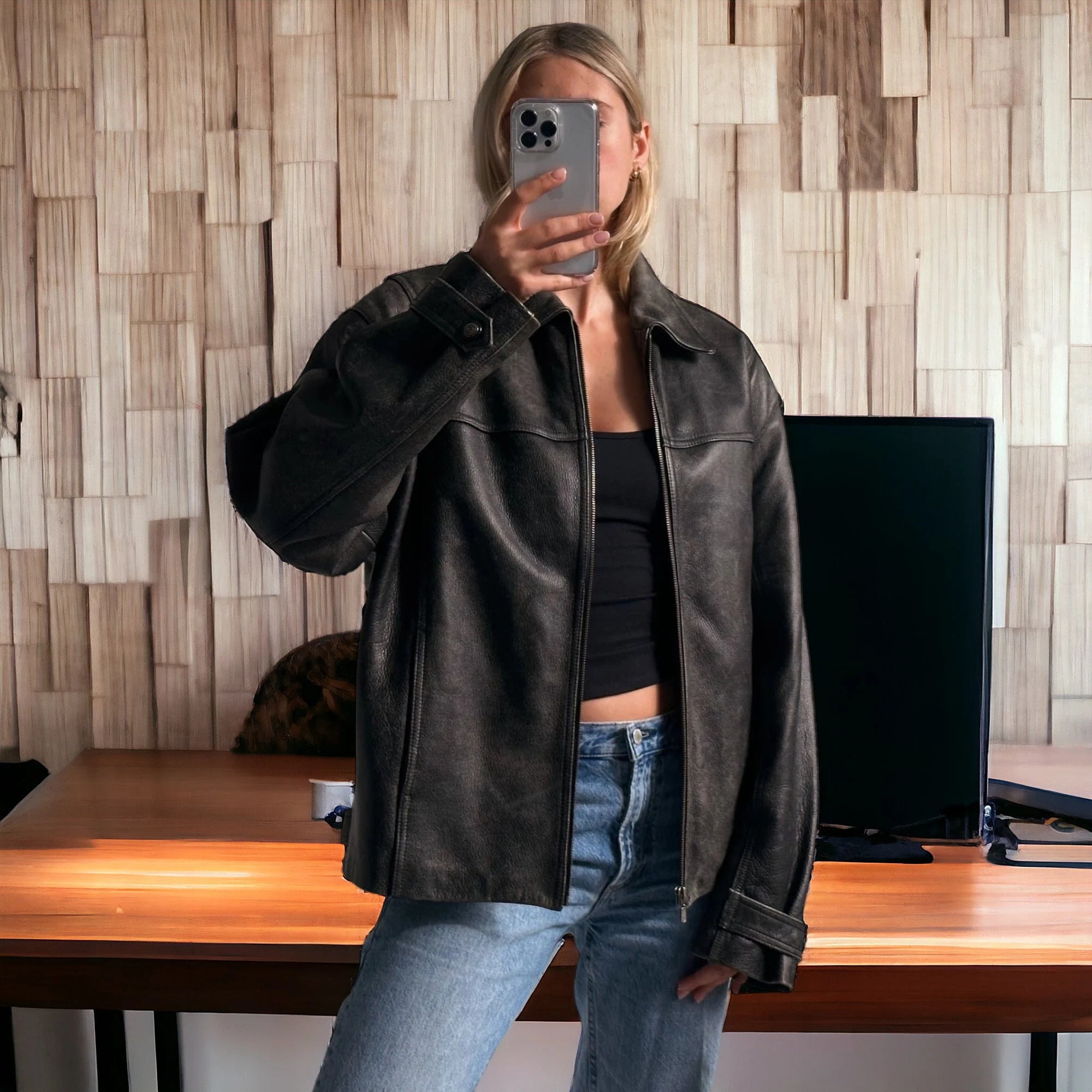 90's Womens Vintage Oversized Straight Jacket, ladies leather jacket, ladies biker jacket, bomber jacket, valentines day gift, Front View 3, Black , Women