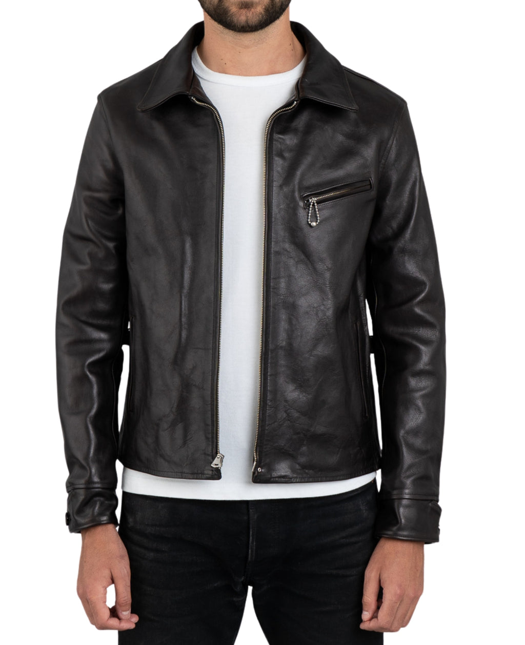 Man wearing a black leather biker jacket