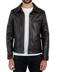 Man wearing a black leather biker jacket