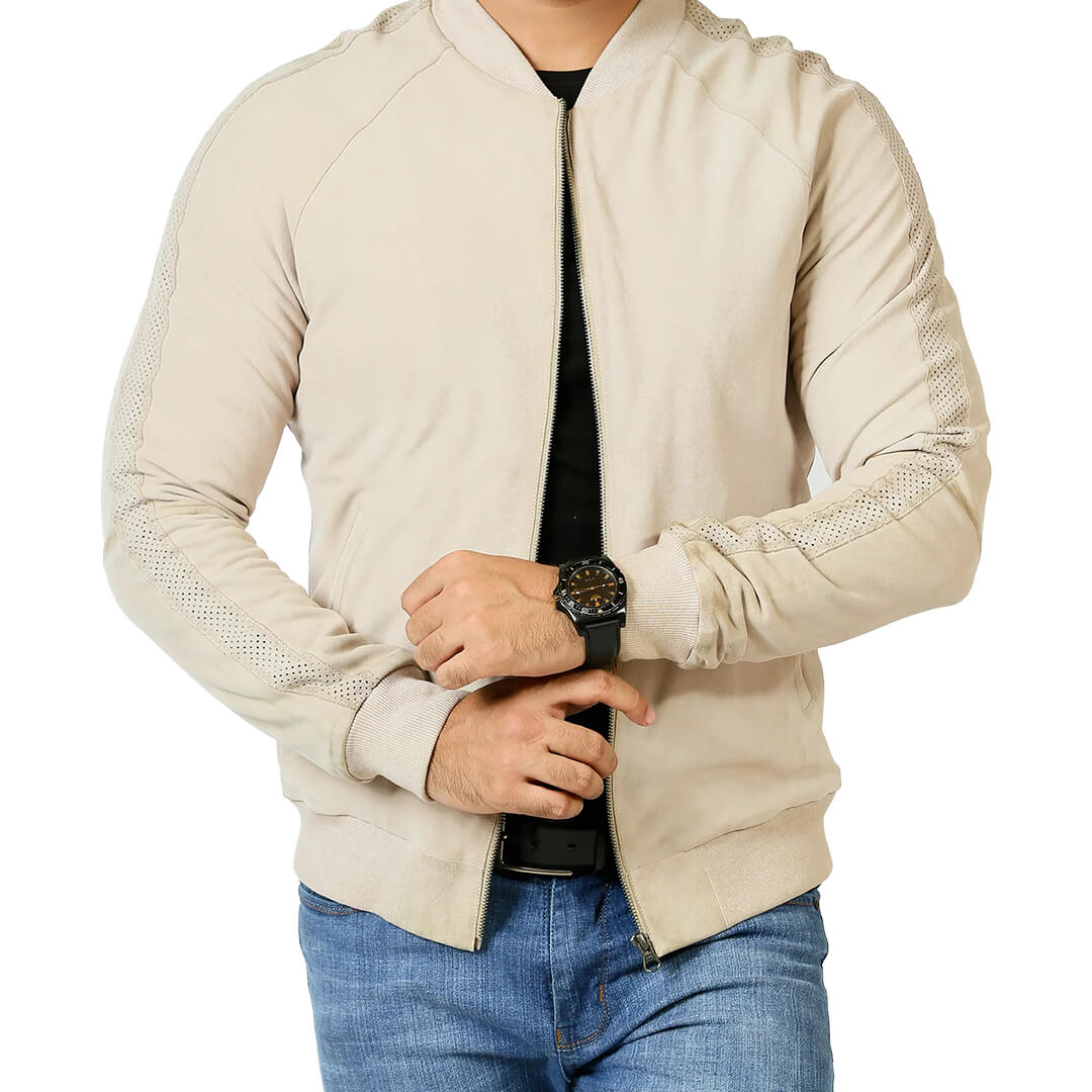 Chic men's light grey slim fit leather jacket, ideal for fashionable casual outerwear, exuding modern style and comfort.