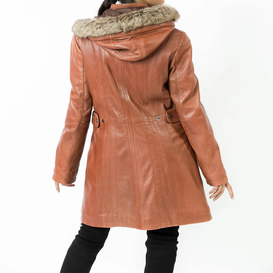 Woman's chic red leather hooded jacket, stylish and long, perfect for winter outerwear fashion.