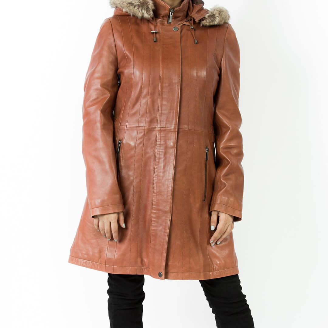 Woman's chic red leather hooded jacket, stylish and long, perfect for winter outerwear fashion.