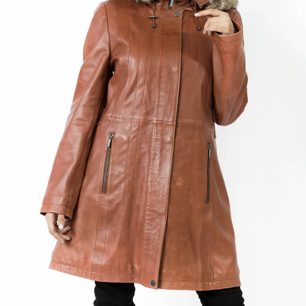 Woman's chic red leather hooded jacket, stylish and long, perfect for winter outerwear fashion.