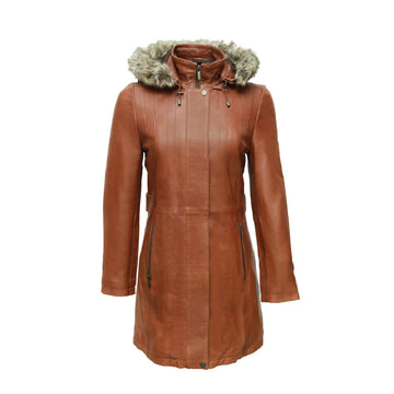 Woman's chic red leather hooded jacket, stylish and long, perfect for winter outerwear fashion.