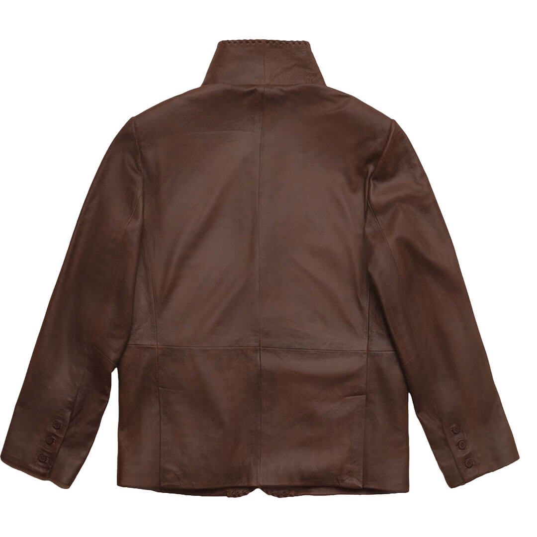 Classic tailored men's brown leather blazer, versatile and stylish outerwear for a polished look.