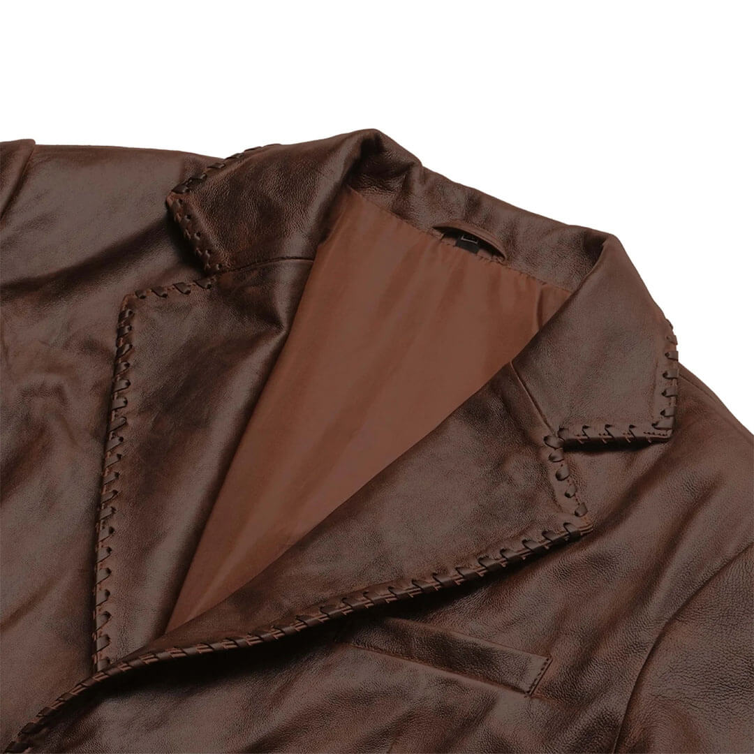 Classic tailored men's brown leather blazer, versatile and stylish outerwear for a polished look.