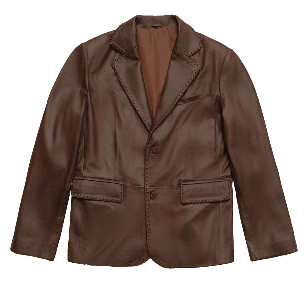 Classic tailored men's brown leather blazer, versatile and stylish outerwear for a polished look.