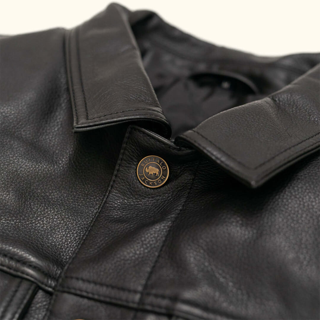 Elegant Mateo black leather jacket, a timeless fashion staple for versatile styling, suitable for both casual and formal wear.