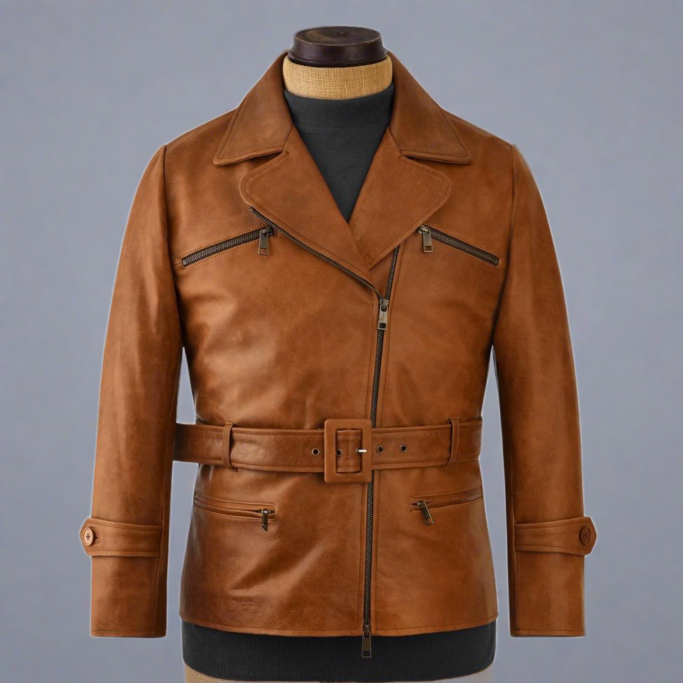 Men's brown lambskin biker jacket. Soft, luxurious leather with belt, zippered pockets, and adjustable cuffs for a comfortable fit.