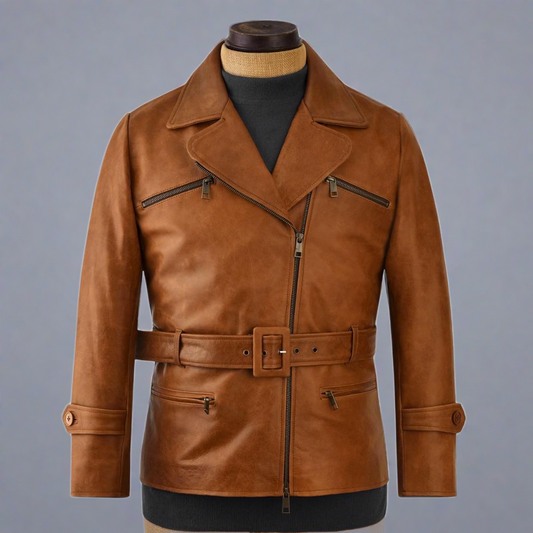 Men's Brown Lambskin Leather Jacket with Adjustable Cuffs & Collar