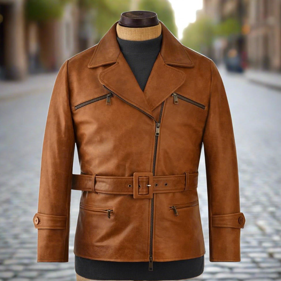 Men's brown lambskin biker jacket. Soft, luxurious leather with belt, zippered pockets, and adjustable cuffs for a comfortable fit.