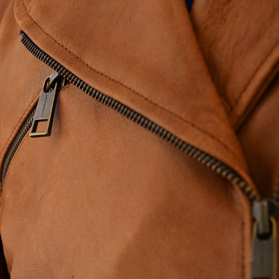 Men's brown lambskin biker jacket. Soft, luxurious leather with belt, zippered pockets, and adjustable cuffs for a comfortable fit.