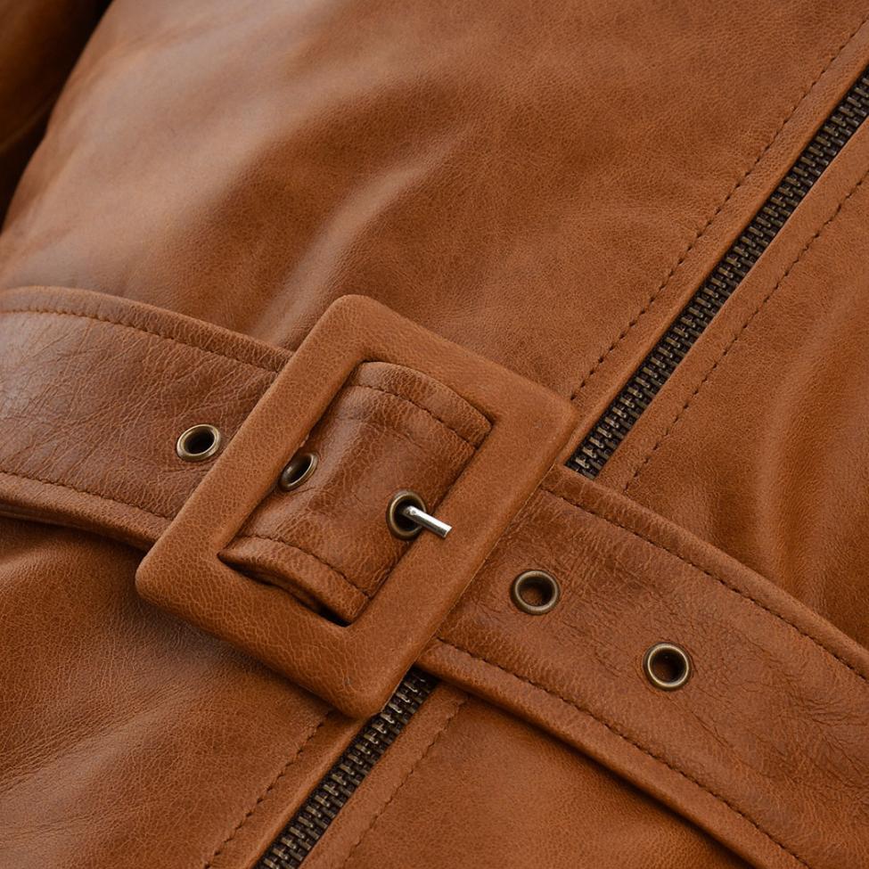 Men's brown lambskin biker jacket. Soft, luxurious leather with belt, zippered pockets, and adjustable cuffs for a comfortable fit.
