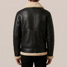 Back view of men’s black cowhide B-3 shearling aviator jacket