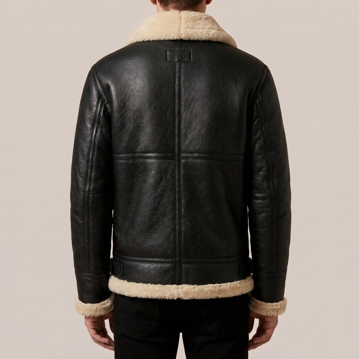 Back view of men’s black cowhide B-3 shearling aviator jacket