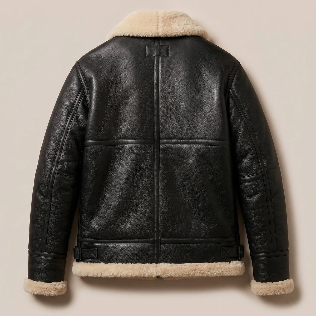 Three-quarter view of men’s black B-3 shearling aviator jacket