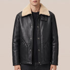Men’s black cowhide shearling leather coat with sand collar, front view