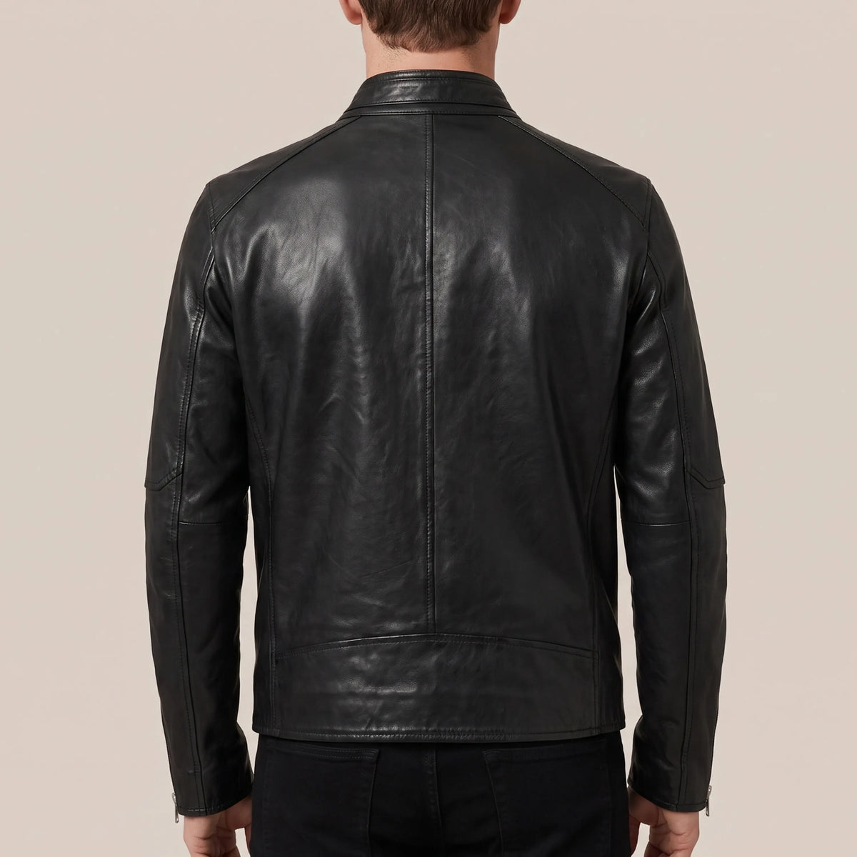 Back view of men’s jet black cowhide leather jacket