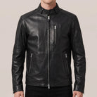 Men’s jet black cowhide leather jacket with snap collar, front view