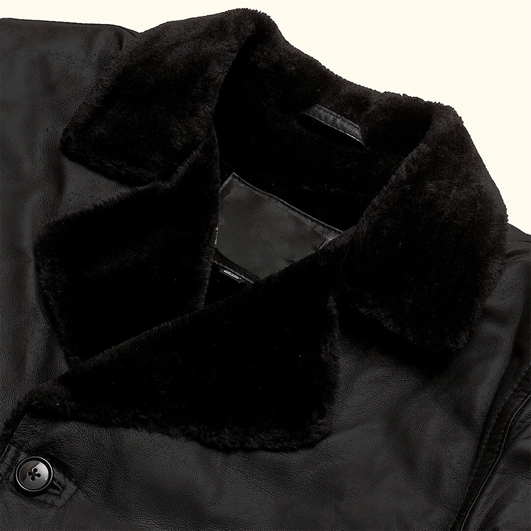 Chic Luxurious Shearling Black Leather Blazer, crafted from soft and warm genuine sheepskin, perfect for stylish outerwear.