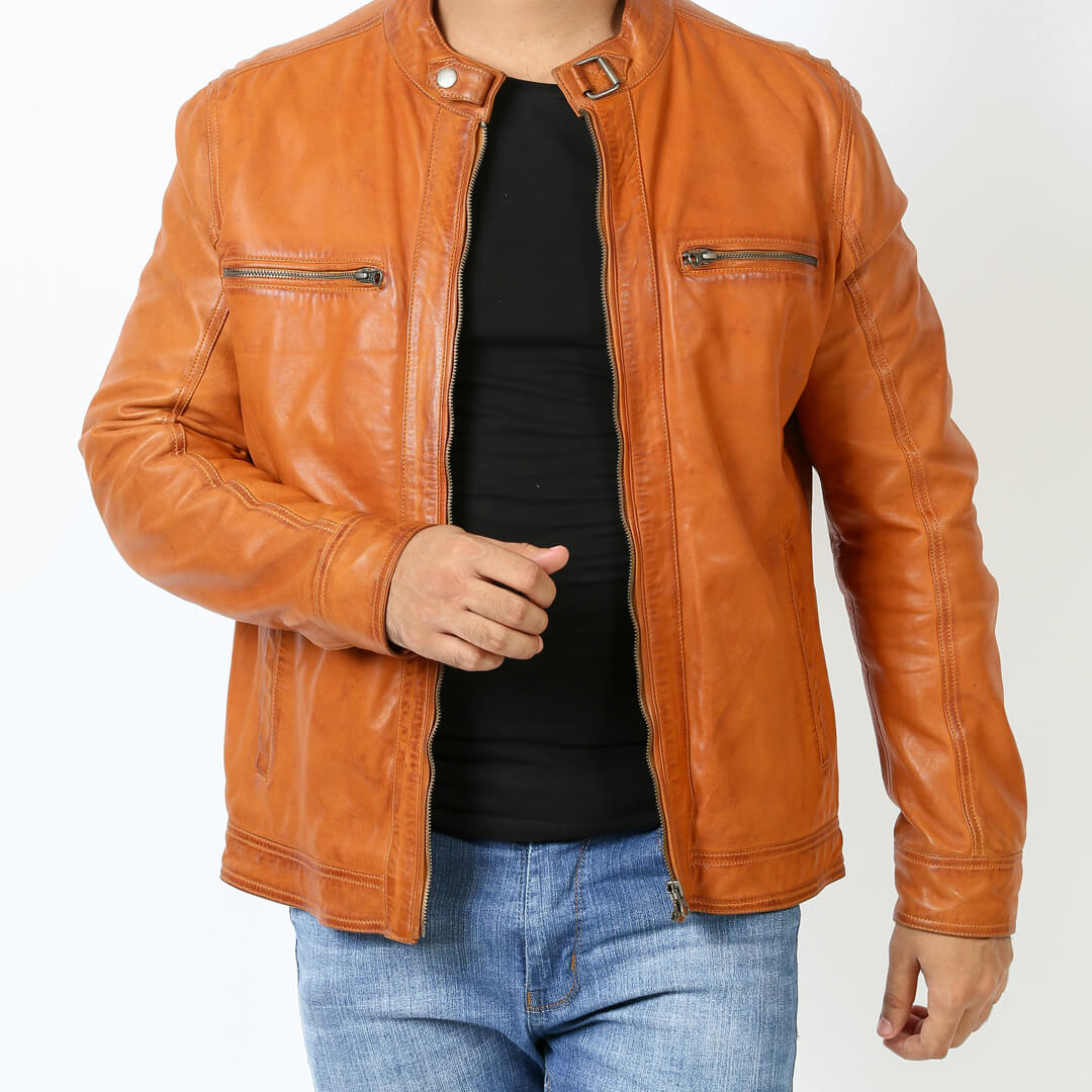 Men's classic brown leather jacket, the perfect everyday casual wear outerwear, showcasing durability and timeless style.