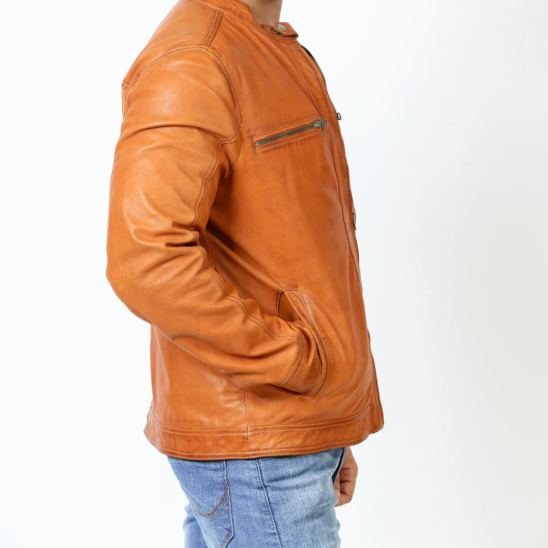 Men's classic brown leather jacket, the perfect everyday casual wear outerwear, showcasing durability and timeless style.