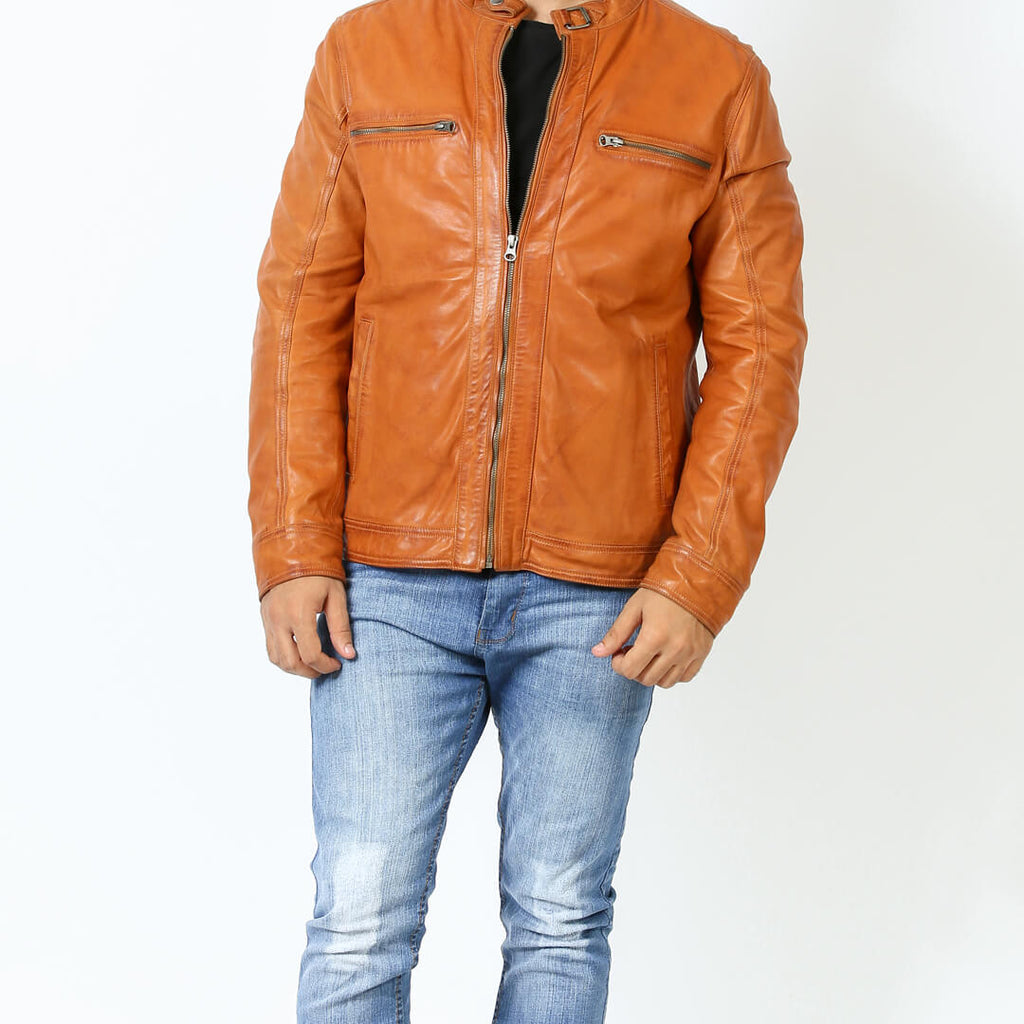 Men's classic brown leather jacket, the perfect everyday casual wear outerwear, showcasing durability and timeless style.