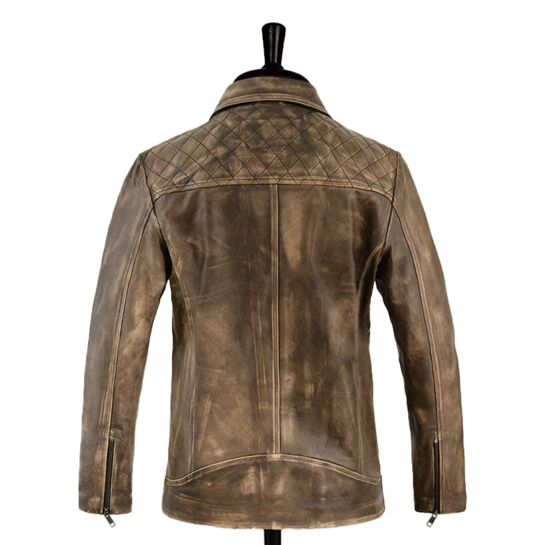 Men's vintage distressed leather jacket with classic biker style, an ideal and stylish gift for him.