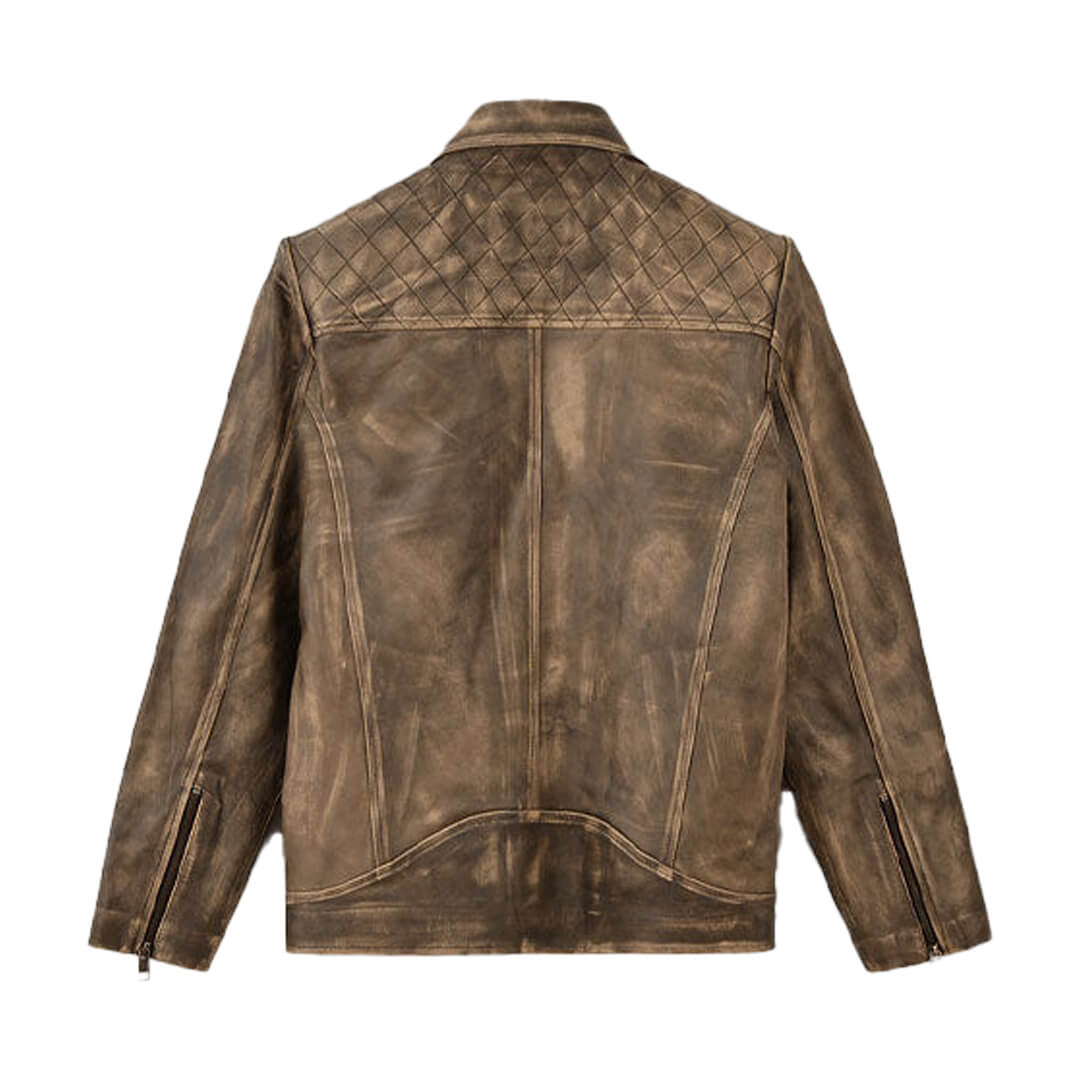 Men's vintage distressed leather jacket with classic biker style, an ideal and stylish gift for him.