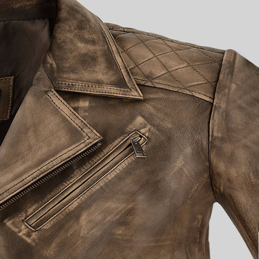 Men's vintage distressed leather jacket with classic biker style, an ideal and stylish gift for him.