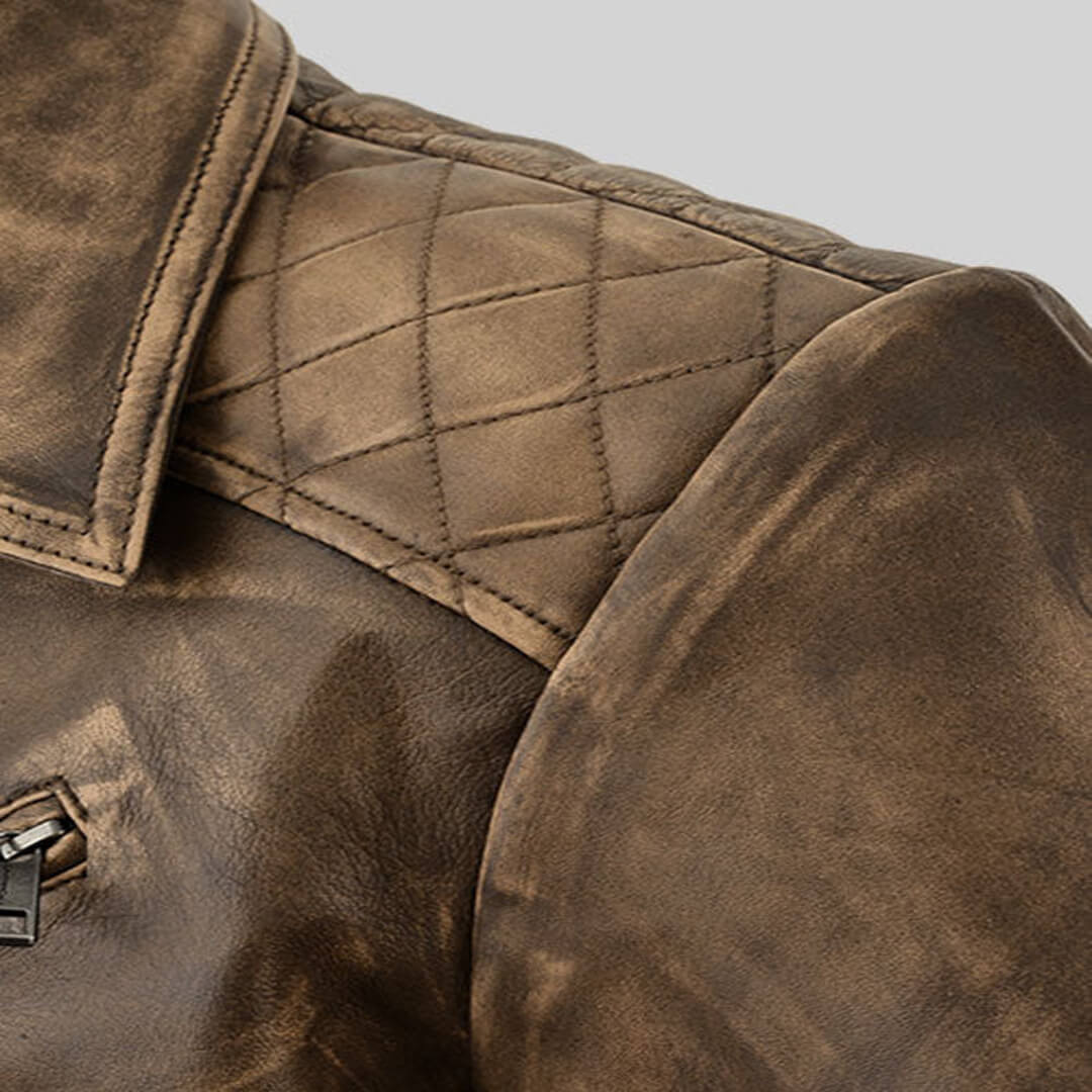 Men's vintage distressed leather jacket with classic biker style, an ideal and stylish gift for him.