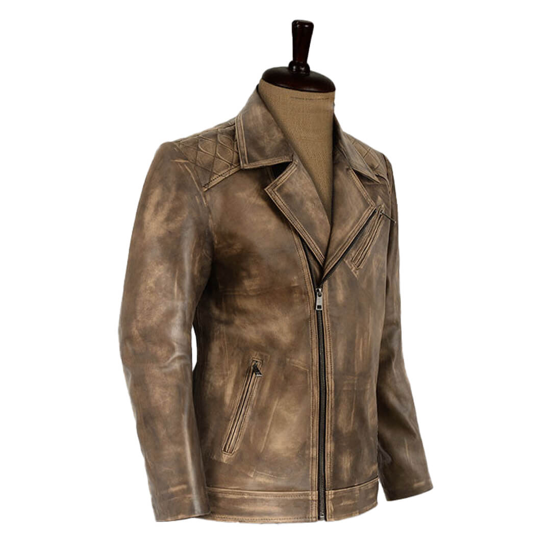 Men's vintage distressed leather jacket with classic biker style, an ideal and stylish gift for him.