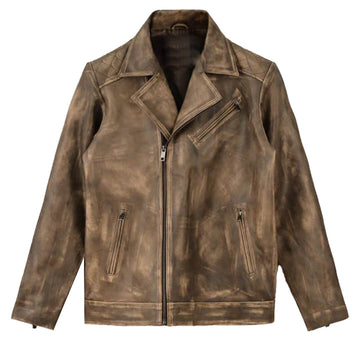 Men's vintage distressed leather jacket with classic biker style, an ideal and stylish gift for him.