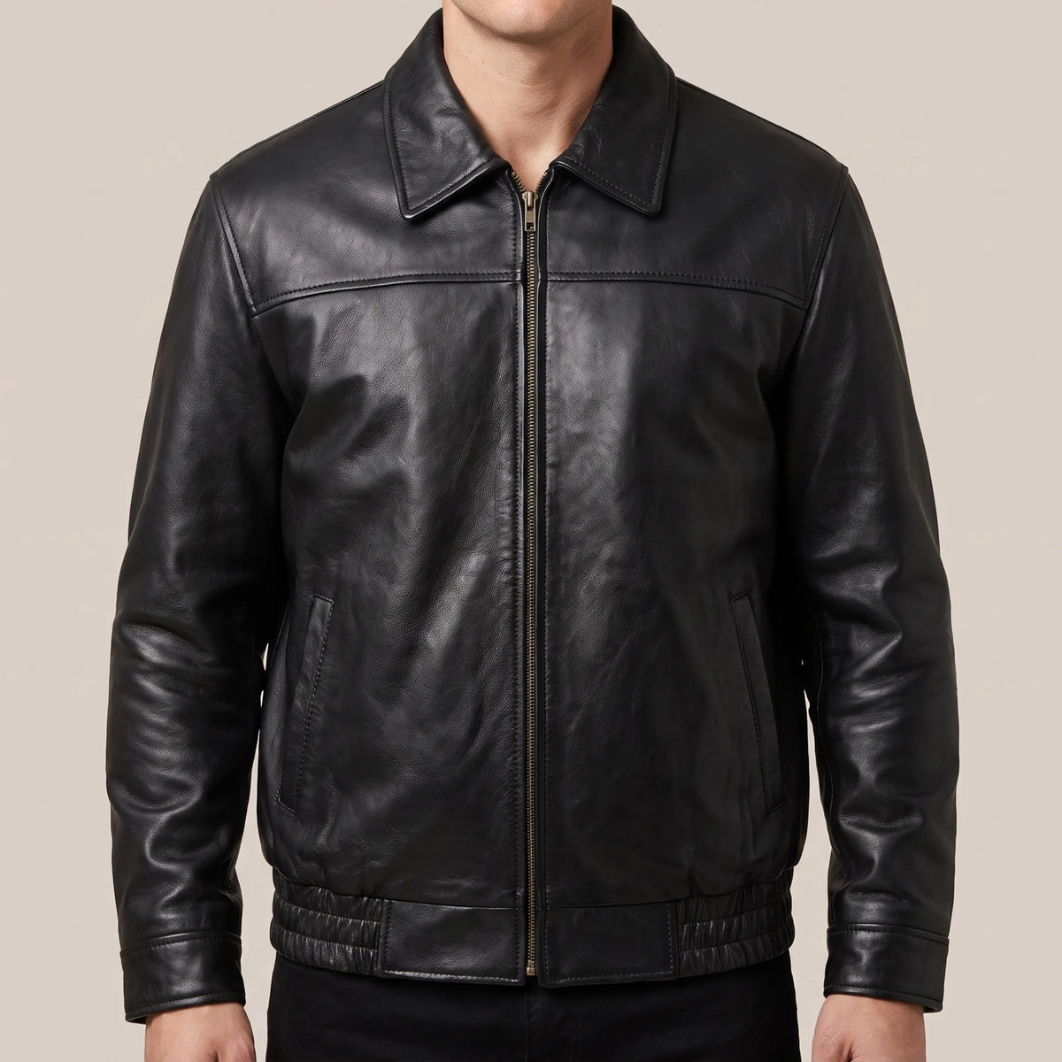 Men’s vintage lambskin leather bomber jacket, front view