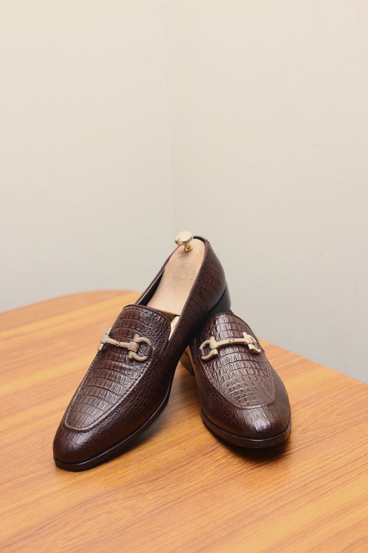 Men's Crocodile Print Loafers Bespoke Handmade Leather Shoes with Goodyear Welted Construction