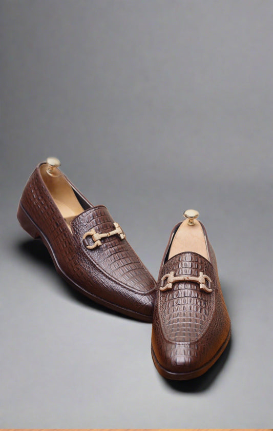 Men's Crocodile Print Loafers Bespoke Handmade Leather Shoes with Goodyear Welted Construction