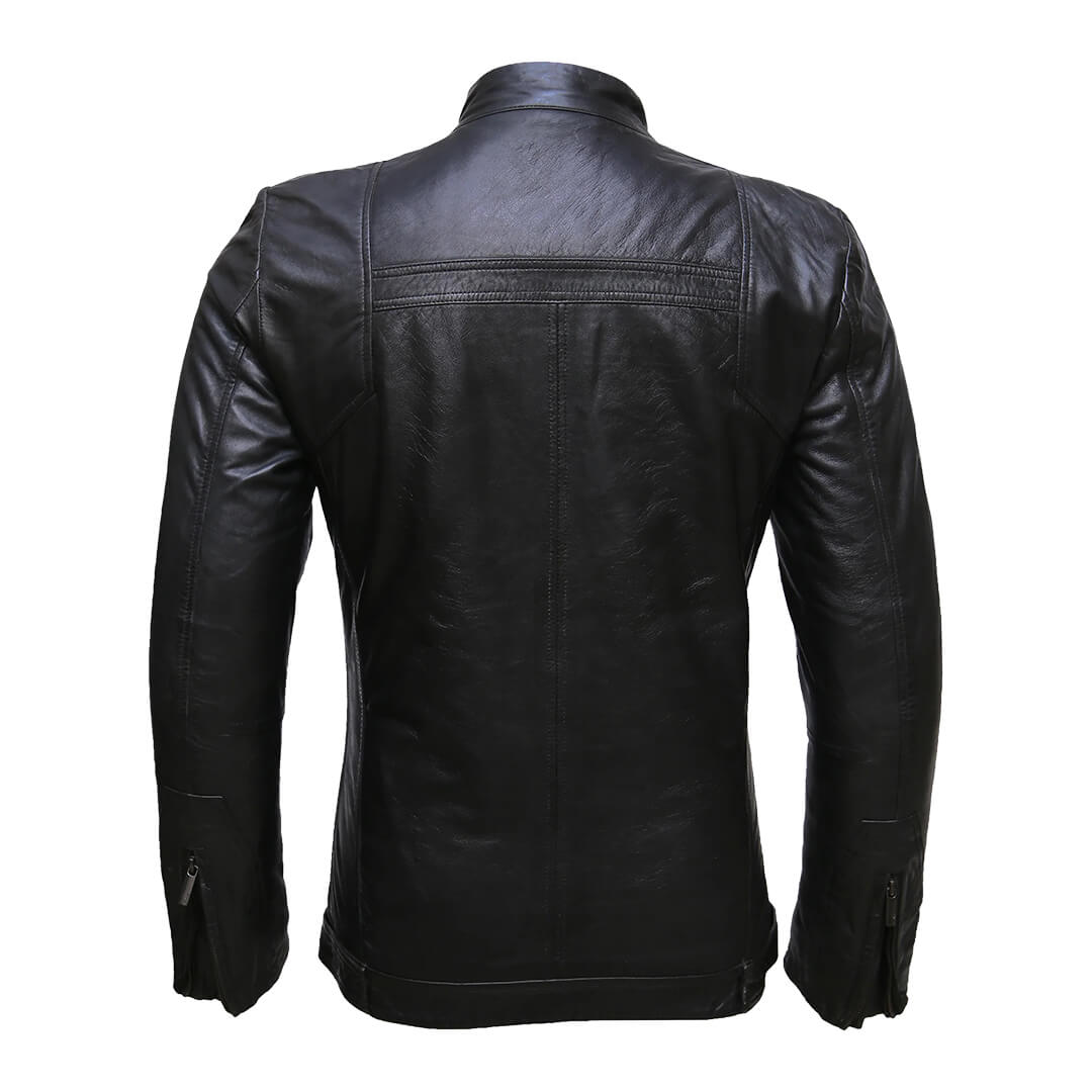 Men's premium black leather motorcycle jacket with a sleek biker style, showcasing quality craftsmanship and a classic design.