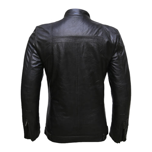 Men's premium black leather motorcycle jacket with a sleek biker style, showcasing quality craftsmanship and a classic design.