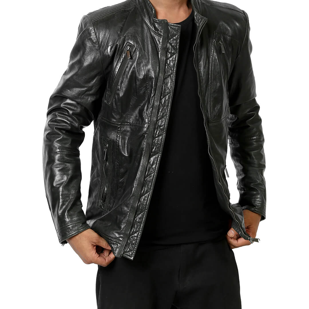 Men's premium black leather motorcycle jacket with a sleek biker style, showcasing quality craftsmanship and a classic design.