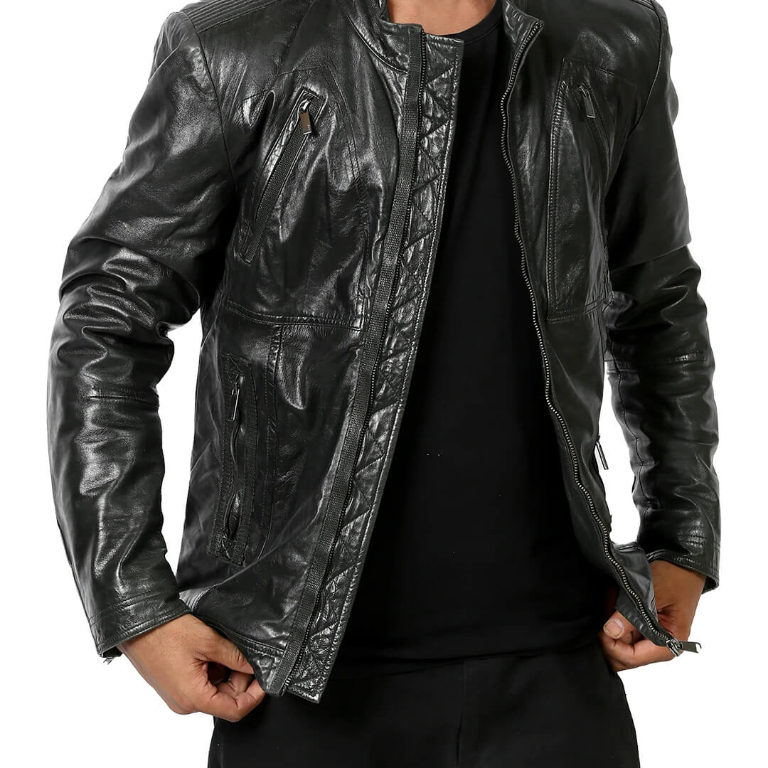Men's premium black leather motorcycle jacket with a sleek biker style, showcasing quality craftsmanship and a classic design.