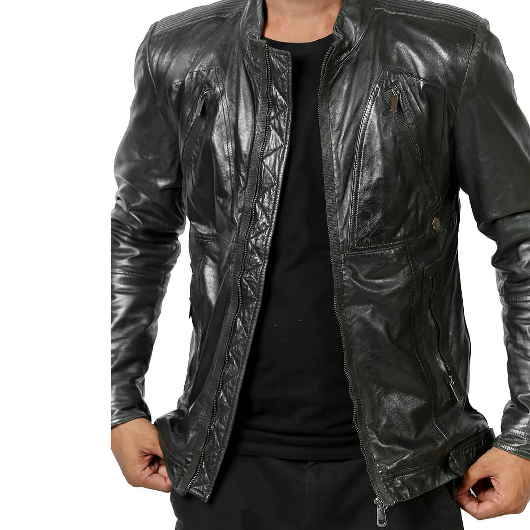 Men's premium black leather motorcycle jacket with a sleek biker style, showcasing quality craftsmanship and a classic design.