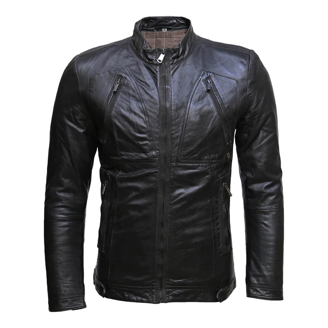 Men's premium black leather motorcycle jacket with a sleek biker style, showcasing quality craftsmanship and a classic design.