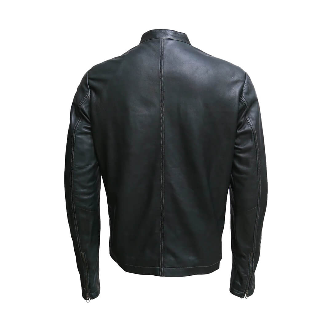 Classic OSCAR men's biker-style premium black leather jacket, showcasing durability and timeless outerwear fashion.