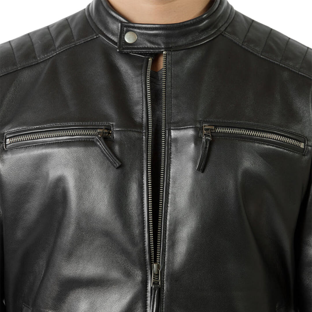 Classic OSCAR men's biker-style premium black leather jacket, showcasing durability and timeless outerwear fashion.