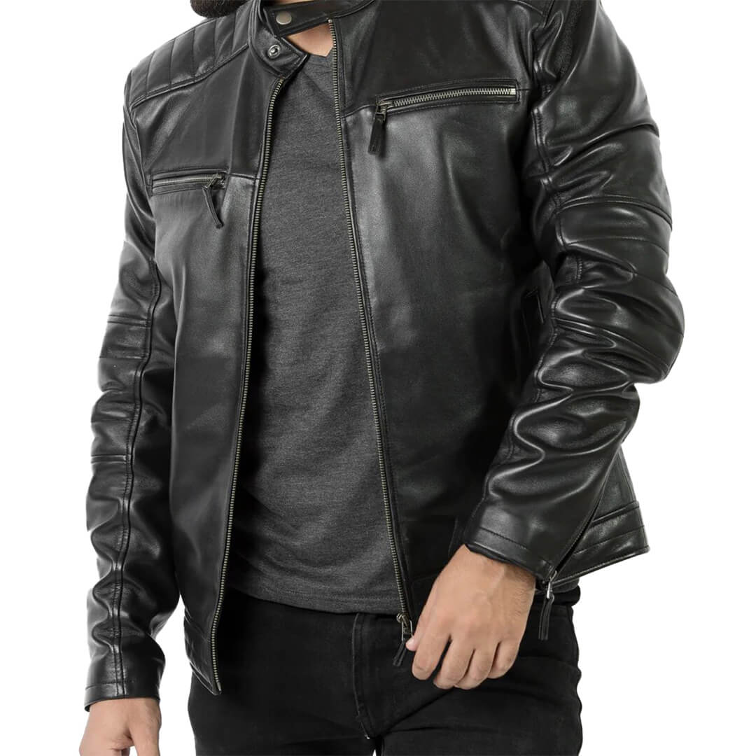 Classic OSCAR men's biker-style premium black leather jacket, showcasing durability and timeless outerwear fashion.