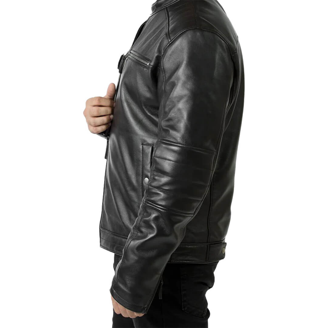 Classic OSCAR men's biker-style premium black leather jacket, showcasing durability and timeless outerwear fashion.