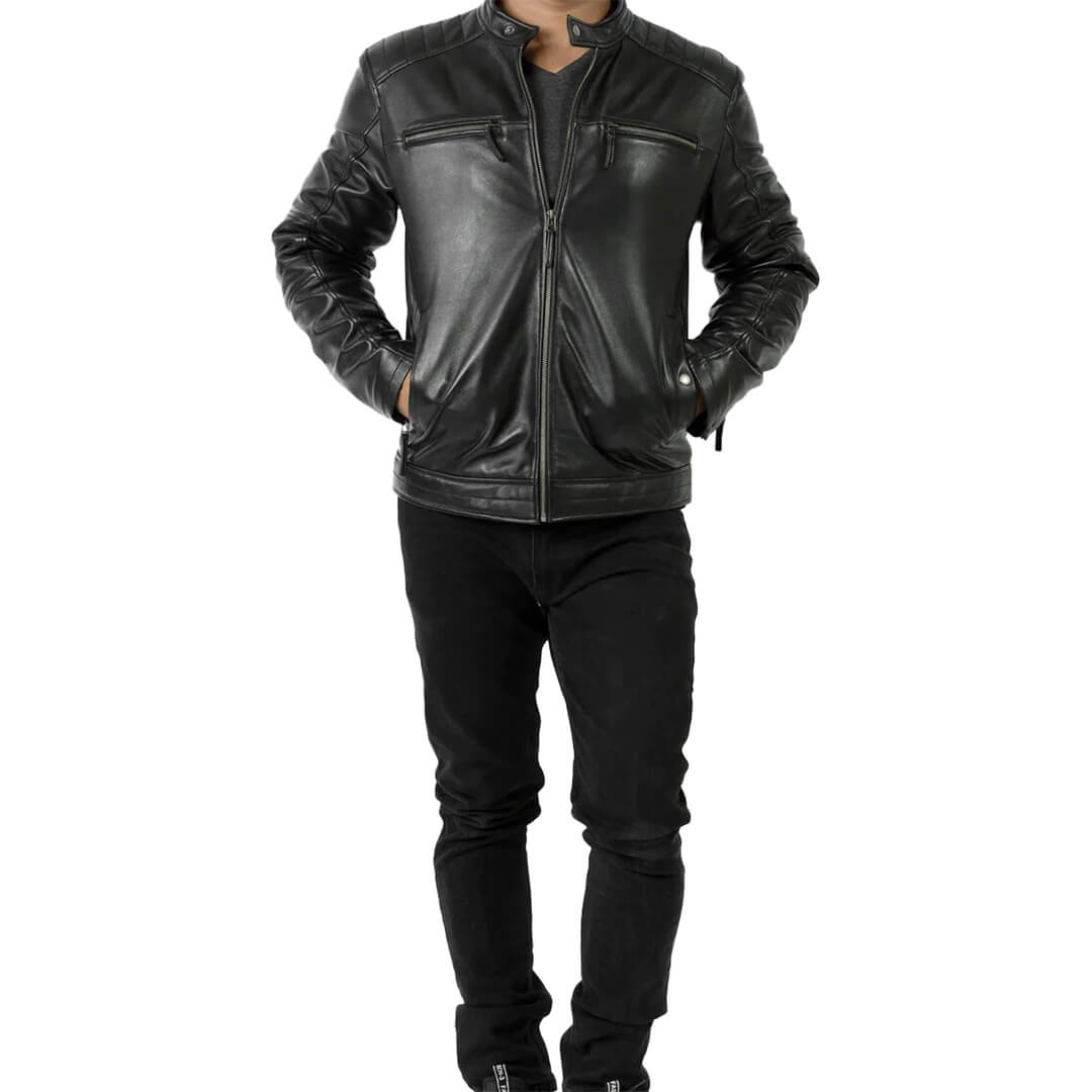 Classic OSCAR men's biker-style premium black leather jacket, showcasing durability and timeless outerwear fashion.